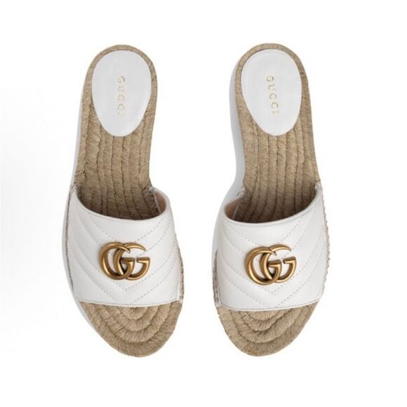 Gucci White Sandals with Gold Logo and Jute Midsole Size 8 - Picture 1 of 7